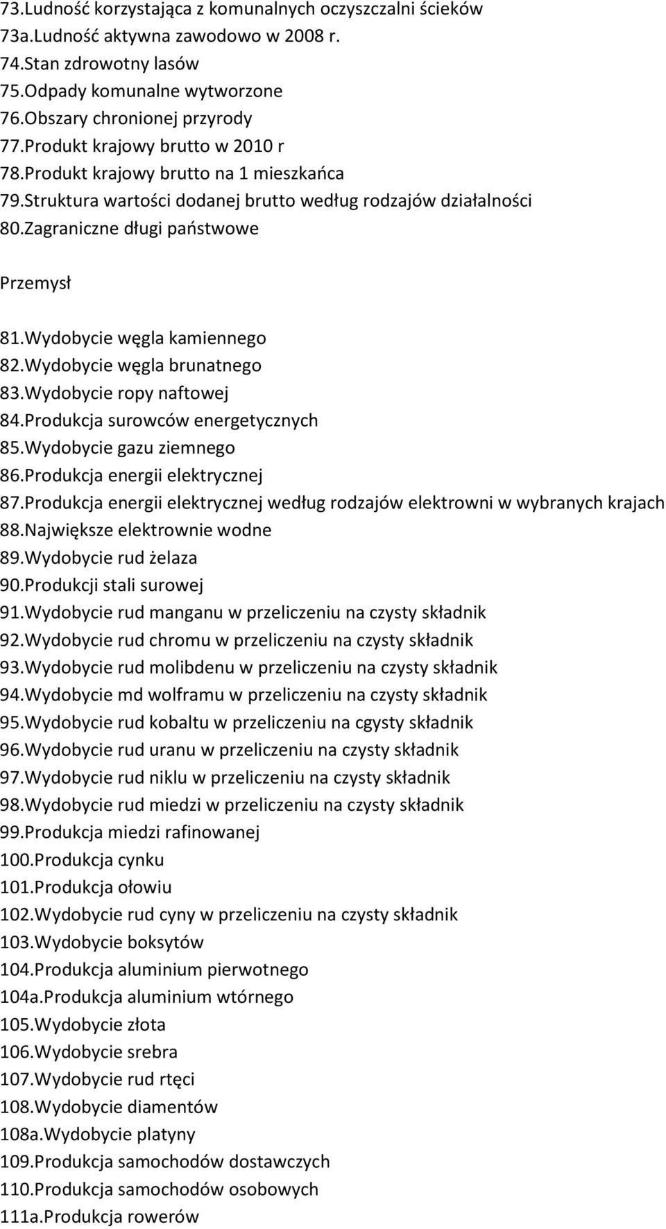 Wydobycie węgla kamiennego 82.Wydobycie węgla brunatnego 83.Wydobycie ropy naftowej 84.Produkcja surowców energetycznych 85.Wydobycie gazu ziemnego 86.Produkcja energii elektrycznej 87.