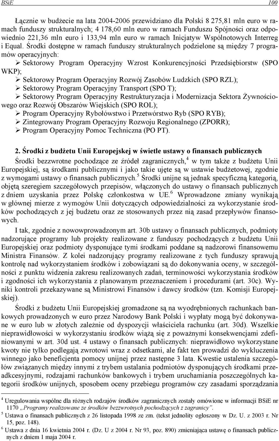 Środki dostępne w ramach funduszy strukturalnych podzielone są między 7 programów operacyjnych: Sektorowy Program Operacyjny Wzrost Konkurencyjności Przedsiębiorstw (SPO WKP); Sektorowy Program