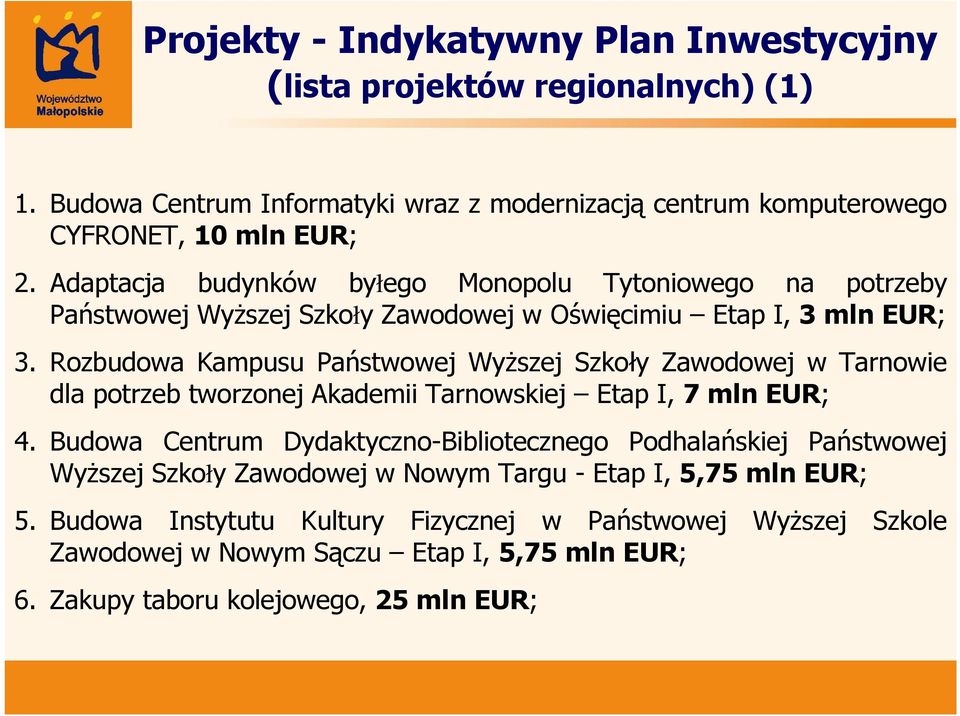 Rozbudowa Kampusu Państwowej Wyższej Szkoły Zawodowej w Tarnowie dla potrzeb tworzonej Akademii Tarnowskiej Etap I, 7 mln EUR; 4.