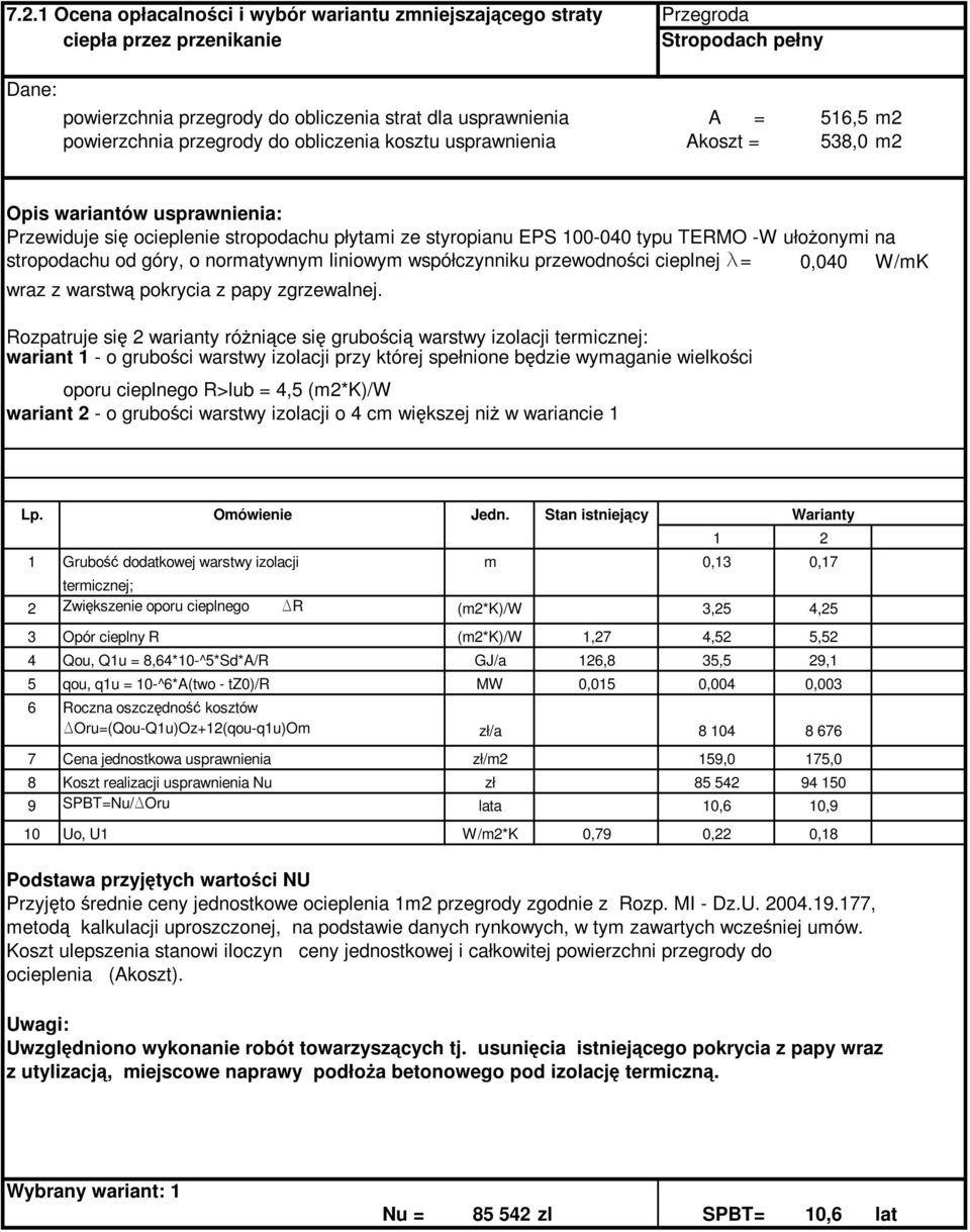 na stropodachu od góry, o normatywnym liniowym współczynniku przewodności cieplnej l= 0,040 W/mK wraz z warstwą pokrycia z papy zgrzewalnej.