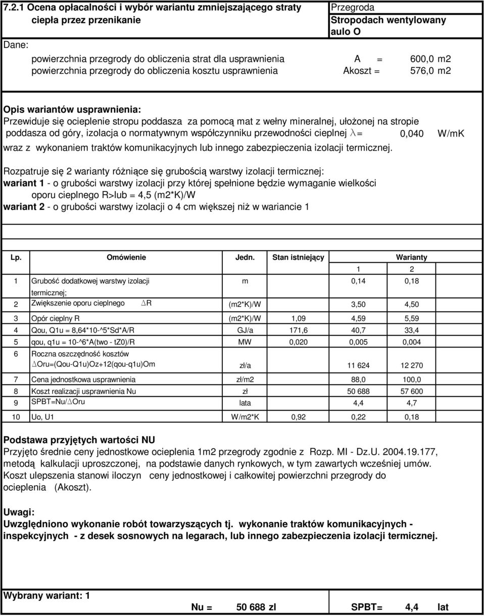 na stropie poddasza od góry, izolacja o normatywnym współczynniku przewodności cieplnej l= 0,040 W/mK wraz z wykonaniem traktów komunikacyjnych lub innego zabezpieczenia izolacji termicznej.