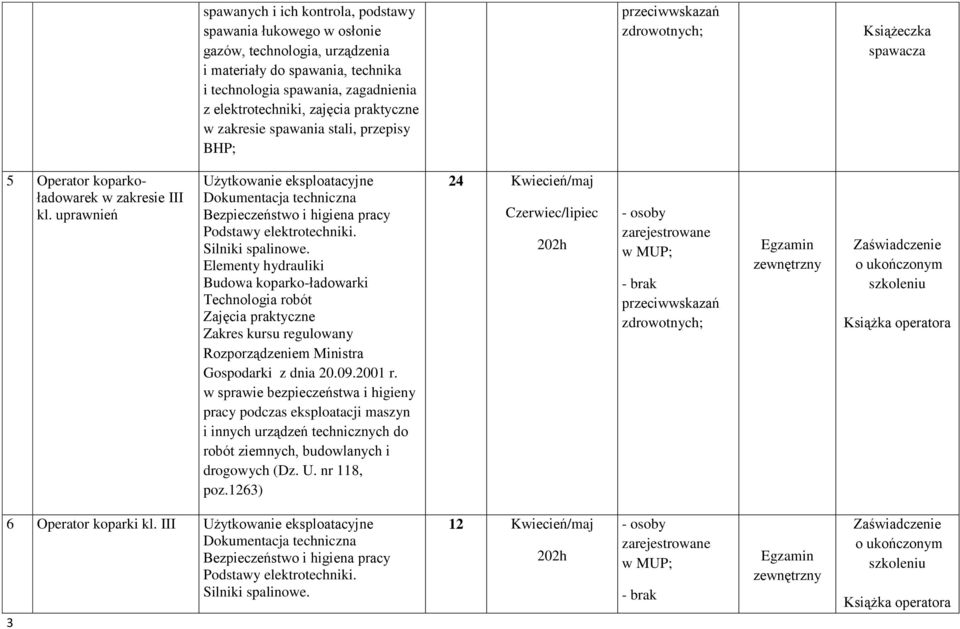 uprawnień Użytkowanie eksploatacyjne Dokumentacja techniczna Bezpieczeństwo i higiena pracy Podstawy elektrotechniki. Silniki spalinowe.