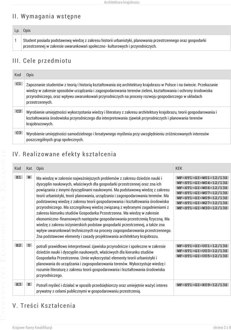 Cele przedmiotu Kod C1 C2 C3 Zapoznanie studentów z teorią i historią kształtowania się architektury krajobrazu w Polsce i na świecie.