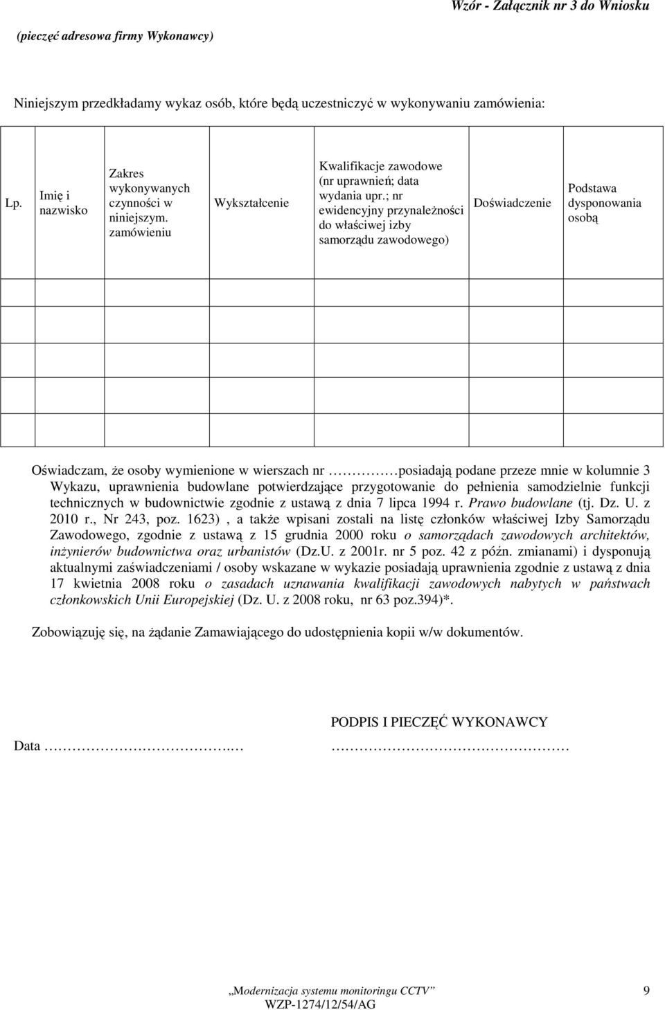 ; nr ewidencyjny przynaleŝności do właściwej izby samorządu zawodowego) Doświadczenie Podstawa dysponowania osobą Oświadczam, Ŝe osoby wymienione w wierszach nr posiadają podane przeze mnie w