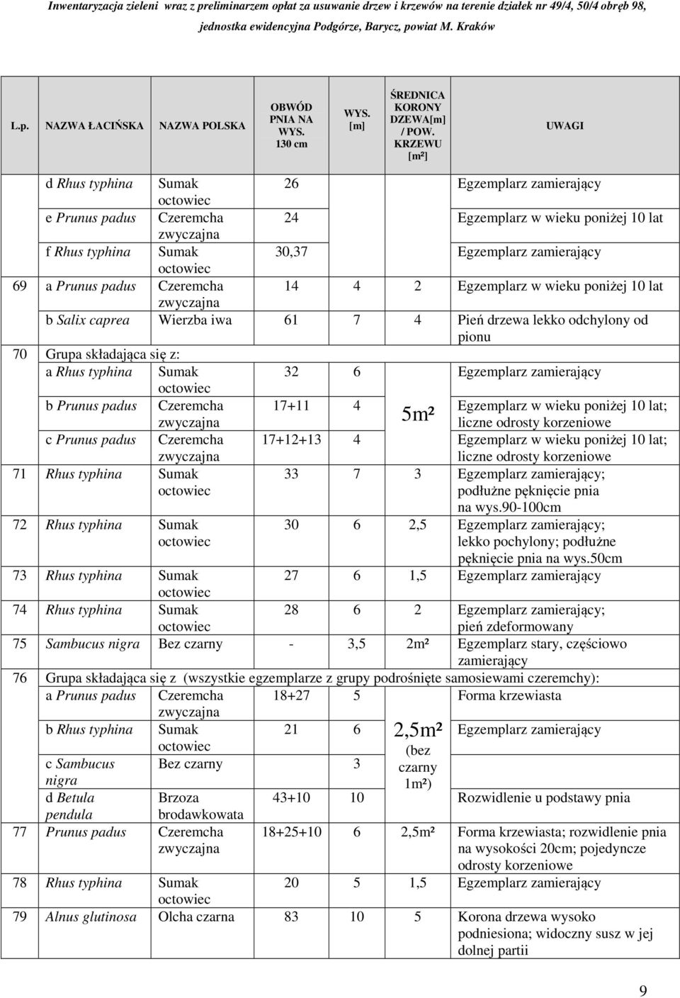 padus Czeremcha 14 4 2 Egzemplarz w wieku poniżej b Salix caprea Wierzba iwa 61 7 4 Pień drzewa lekko odchylony od pionu 70 Grupa składająca się z: a Rhus typhina Sumak 32 6 Egzemplarz zamierający