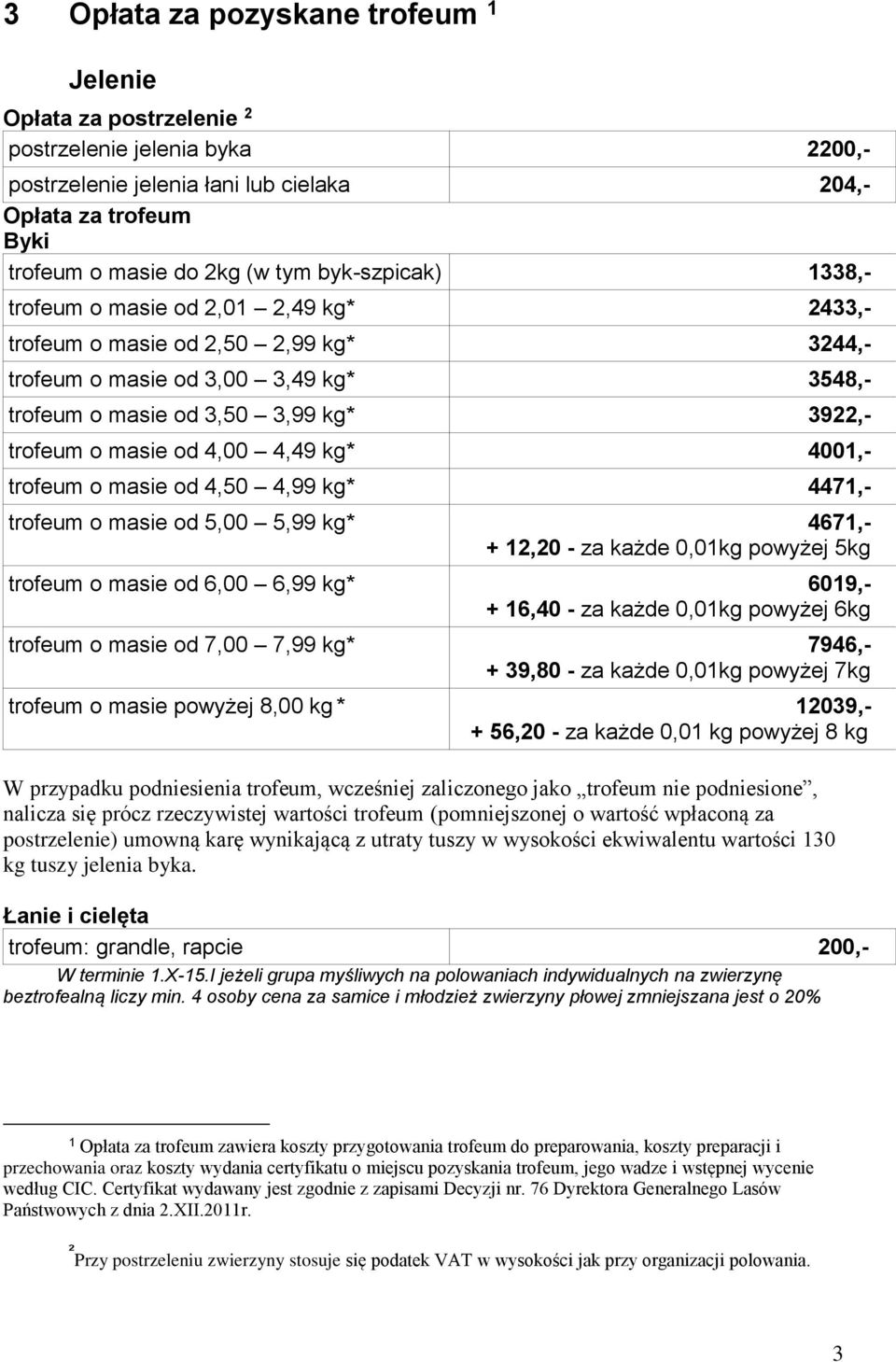4,00 4,49 kg* 4001,- trofeum o masie od 4,50 4,99 kg* 4471,- trofeum o masie od 5,00 5,99 kg* 4671,- + 12,20 - za każde 0,01kg powyżej 5kg trofeum o masie od 6,00 6,99 kg* 6019,- + 16,40 - za każde