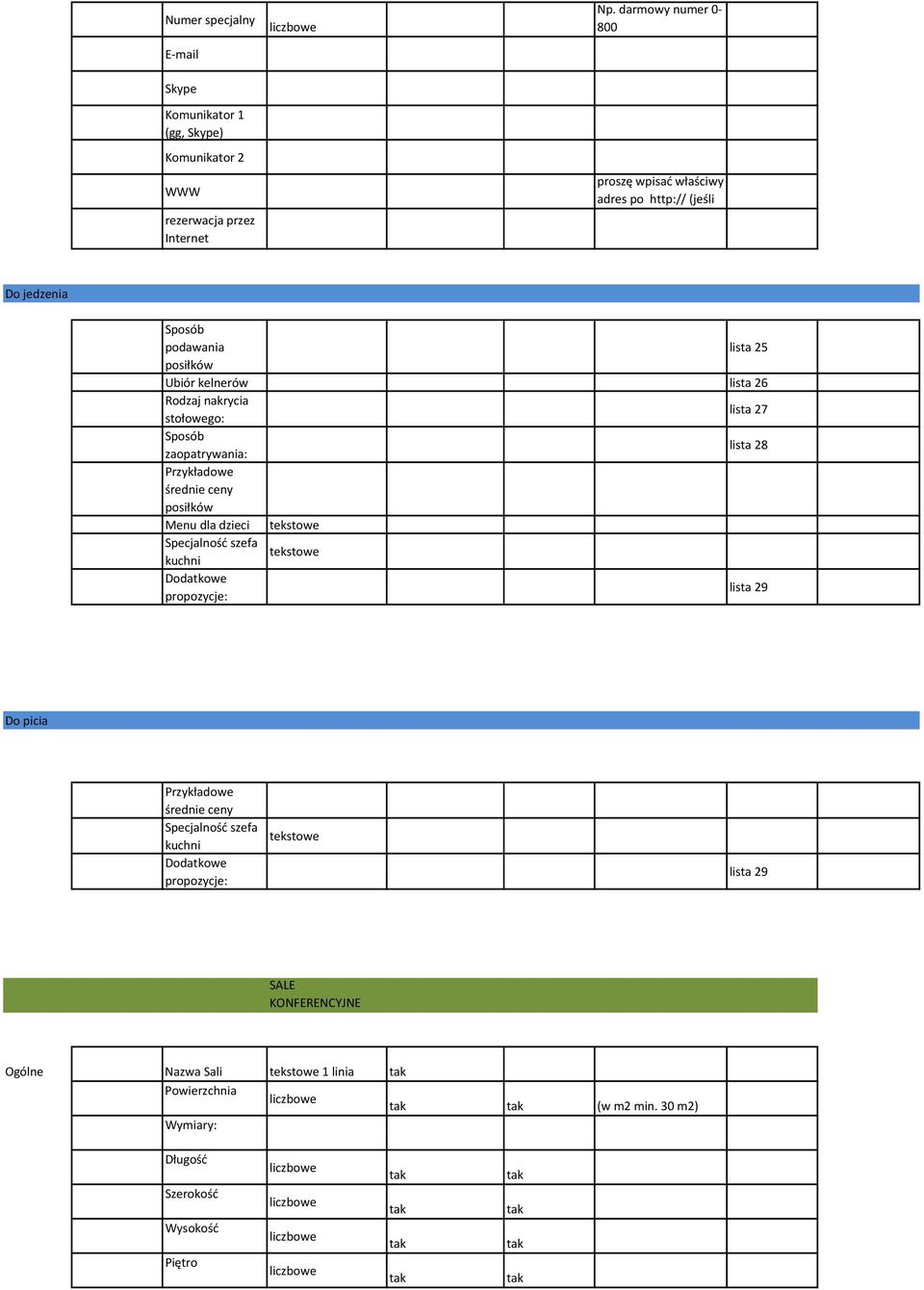 Sposób podawania lista 25 posiłków Ubiór kelnerów lista 26 Rodzaj nakrycia lista 27 stołowego: Sposób lista 28 zaopatrywania: Przykładowe średnie ceny