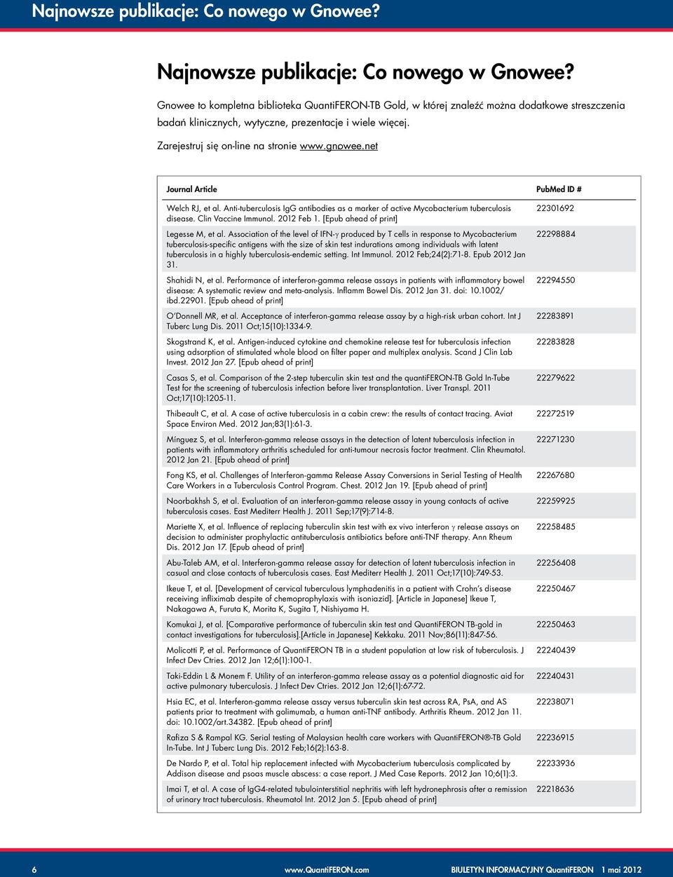 gnowee.net. Journal Article PubMed ID # Welch RJ, et al. Anti-tuberculosis IgG antibodies as a marker of active Mycobacterium tuberculosis disease. Clin Vaccine Immunol. 2012 Feb 1.