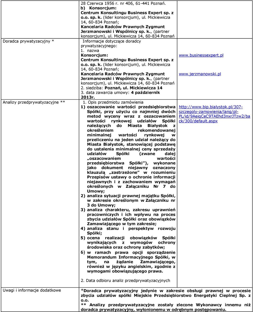 Mickiewicza 14, 60-834 Poznań Informacje dotyczące doradcy prywatyzacyjnego: 1. nazwa Konsorcjum: Centrum Konsultingu Business Expert sp. z o.o. sp. k. (lider konsorcjum), ul.