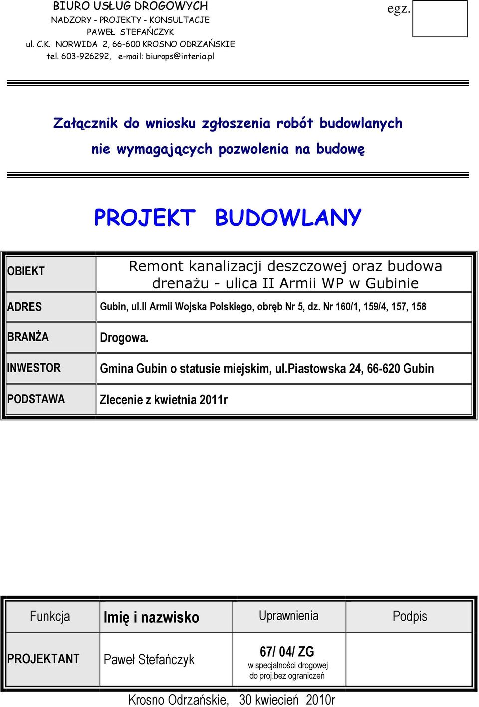 ii Armii Wojska Polskiego, obręb Nr 5, dz. Nr 160/1, 159/4, 157, 158 BRANŻA INWESTOR PODSTAWA Drogowa. Gmina Gubin o statusie miejskim, ul.