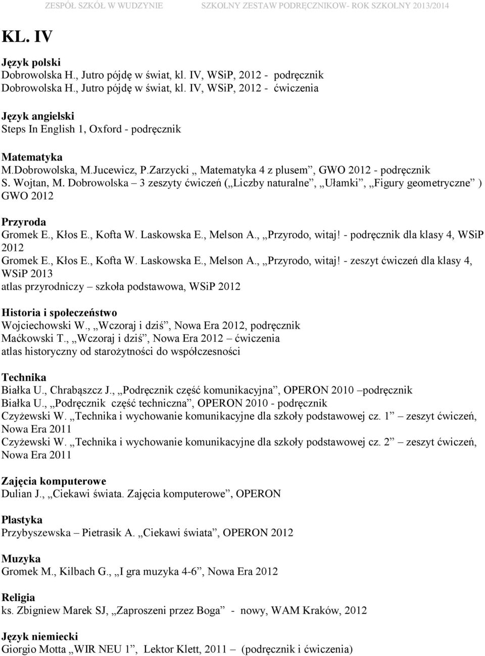 , Kofta W. Laskowska E., Melson A., Przyrodo, witaj! - podręcznik dla klasy 4, WSiP 2012 Gromek E., Kłos E., Kofta W. Laskowska E., Melson A., Przyrodo, witaj! - zeszyt ćwiczeń dla klasy 4, WSiP 2013 atlas przyrodniczy szkoła podstawowa, WSiP 2012 Historia i społeczeństwo Wojciechowski W.