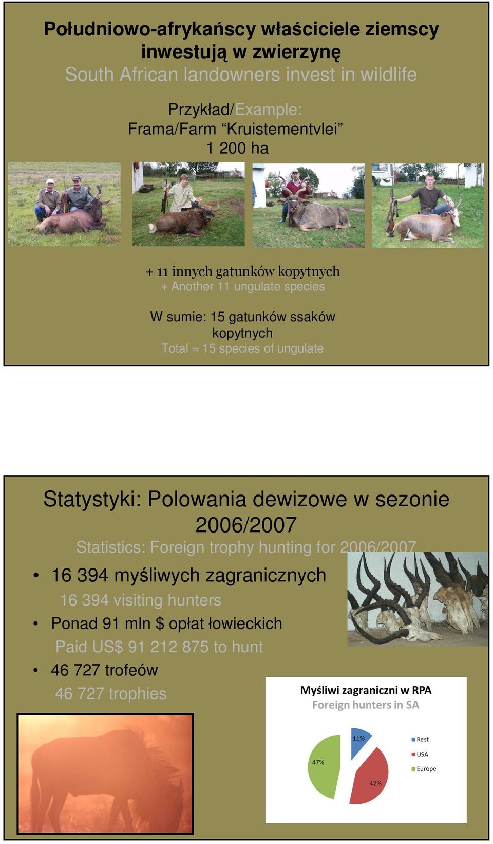 Total = 15 species of ungulate Statystyki: Polowania dewizowe w sezonie 2006/2007 Statistics: Foreign trophy hunting for 2006/2007 16