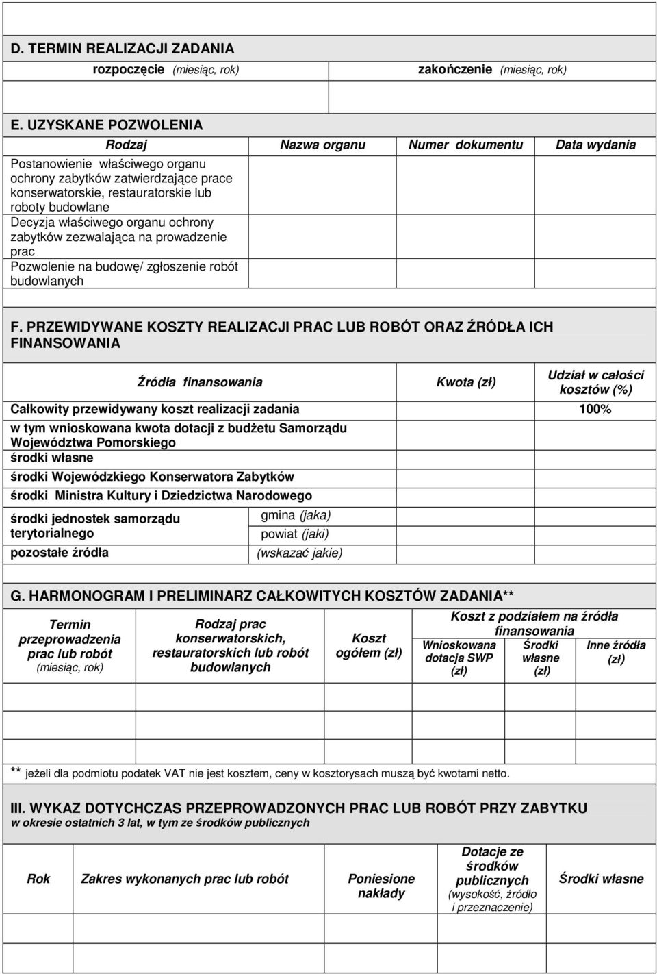 Decyzja właściwego organu ochrony zabytków zezwalająca na prowadzenie prac Pozwolenie na budowę/ zgłoszenie robót budowlanych F.
