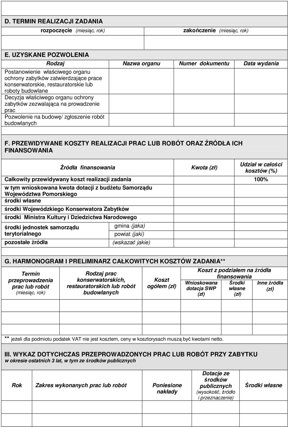 Decyzja właściwego organu ochrony zabytków zezwalająca na prowadzenie prac Pozwolenie na budowę/ zgłoszenie robót budowlanych F.