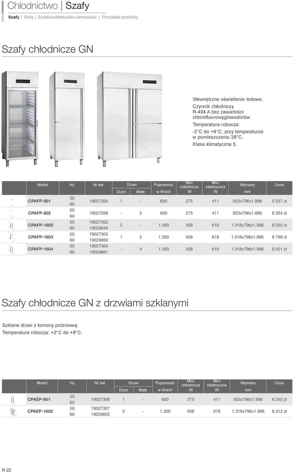 996 8 035 zł CPAFP-13 19027303 190296 1 2 1.300 8 618 1.318x796x1.996 8 798 zł CPAFP-14 19027304 19029661-4 1.300 8 618 1.318x796x1.996 9 1 zł Szafy chłodnicze GN z drzwiami szklanymi Szklane drzwi z komorą próżniową Temperatura robocza: +2 C do +8 C.
