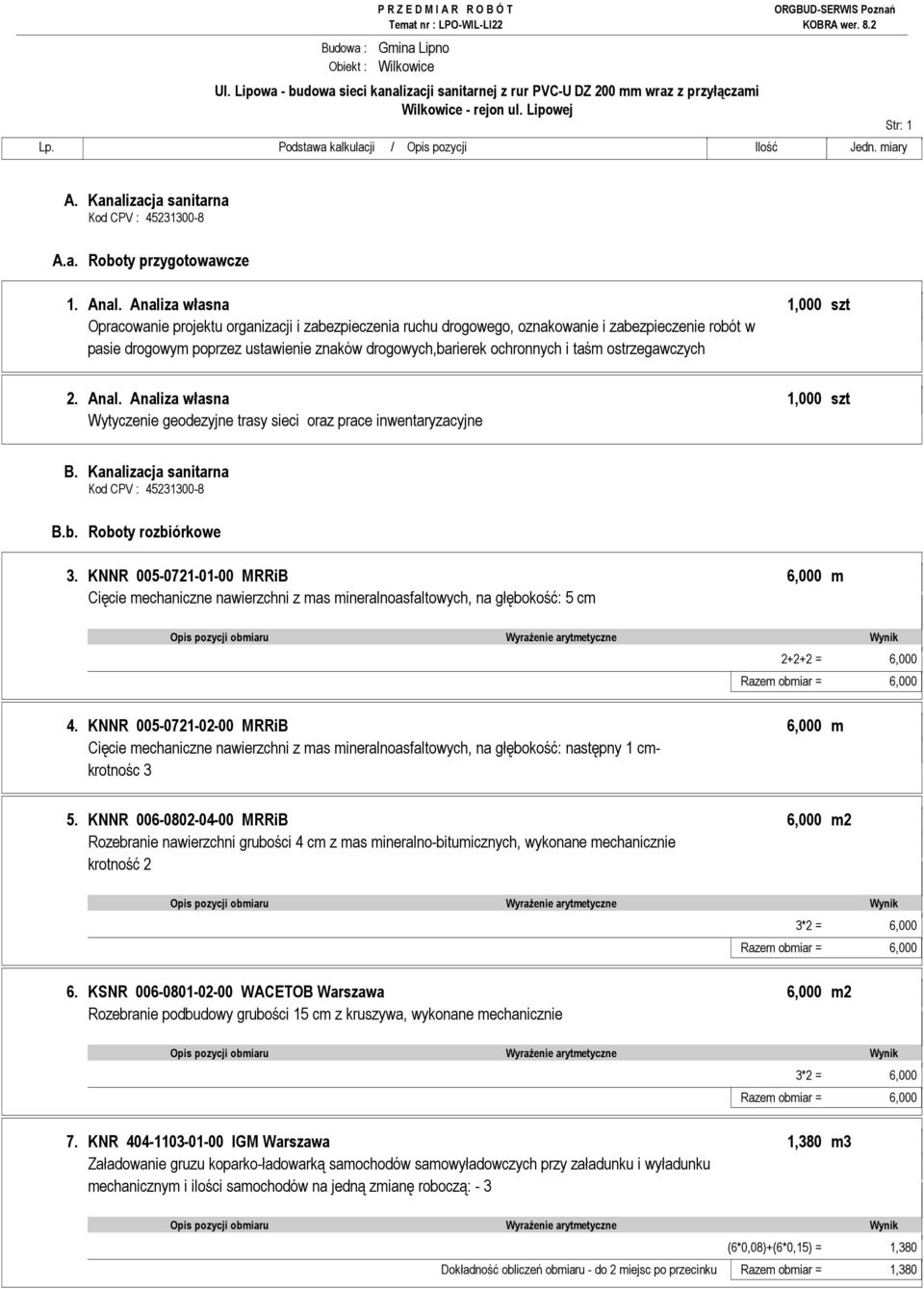 i taśm ostrzegawczych 2. Anal. Analiza własna 1,000 szt Wytyczenie geodezyjne trasy sieci oraz prace inwentaryzacyjne B. Kanalizacja sanitarna B.b. Roboty rozbiórkowe 3.