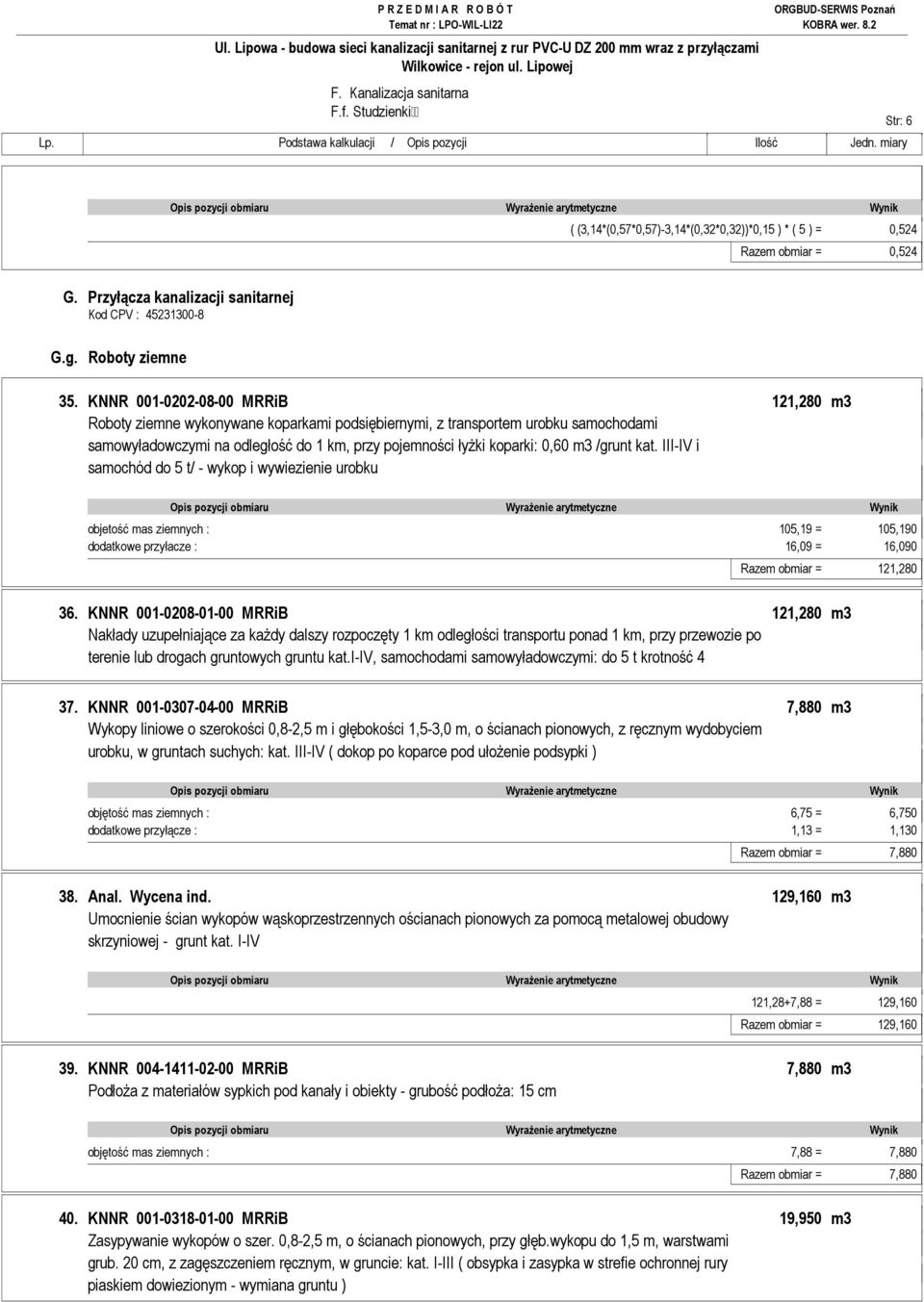 /grunt kat. III-IV i samochód do 5 t/ - wykop i wywiezienie urobku objetość mas ziemnych : 105,19 = 105,190 dodatkowe przyłacze : 16,09 = 16,090 Razem obmiar = 121,280 36.