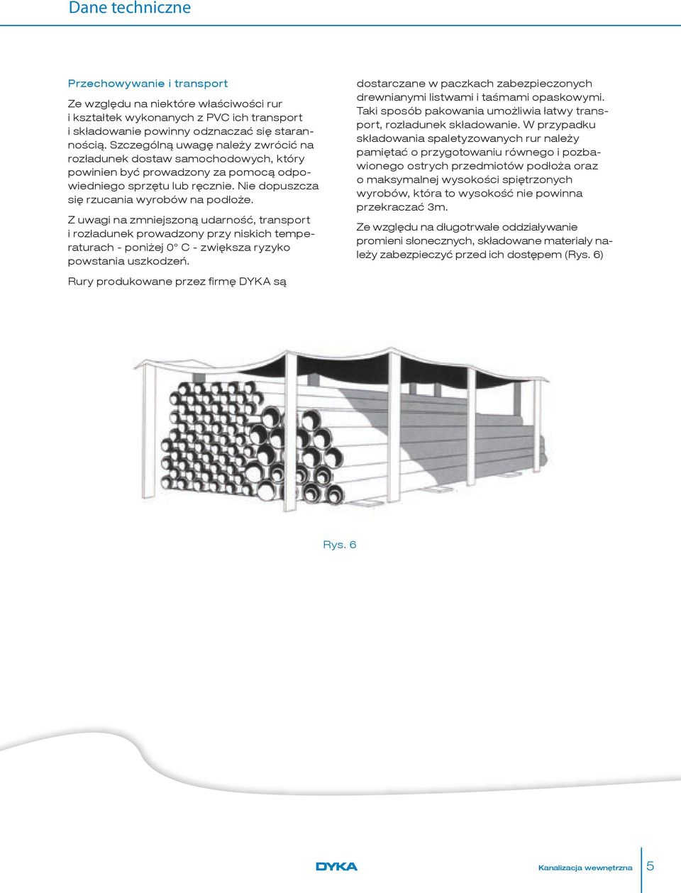 Z uwagi na zmniejszoną udarność, transport i rozładunek prowadzony przy niskich temperaturach - poniżej 0 C - zwiększa ryzyko powstania uszkodzeń. Rury produkowane przez fi rmę DYKA są Rys.