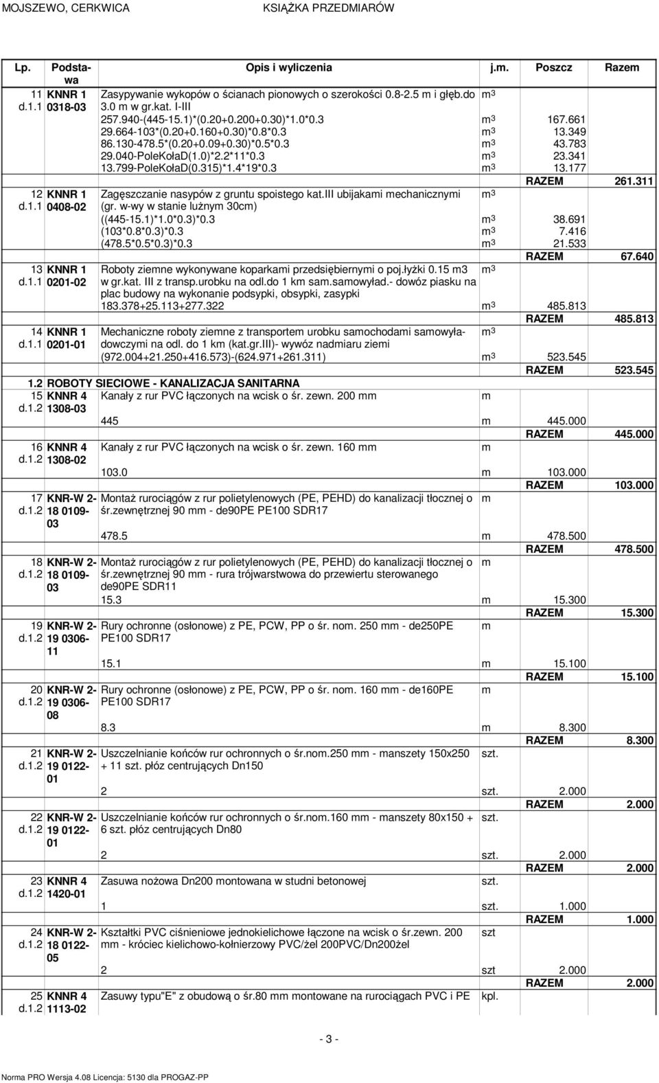 2*11*0.3 3 23.341 13.799-PoleKołaD(0.315)*1.4*19*0.3 3 13.177 RAZEM 261.311 Zagęszczanie nasypów z gruntu spoistego kat.iii ubijakai echanicznyi 3 (gr. w-wy w stanie luŝny 30c) ((445-15.1)*1.0*0.3)*0.