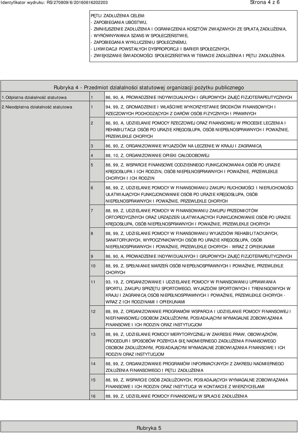 Rubryka 4 - Przedmiot działalności statutowej organizacji pożytku publicznego 1.Odpłatna działalność statutowa 1 86, 90, A, PROWADZENIE INDYWIDUALNYCH I GRUPOWYCH ZAJĘĆ FIZJOTERAPEUTYCZNYCH 2.