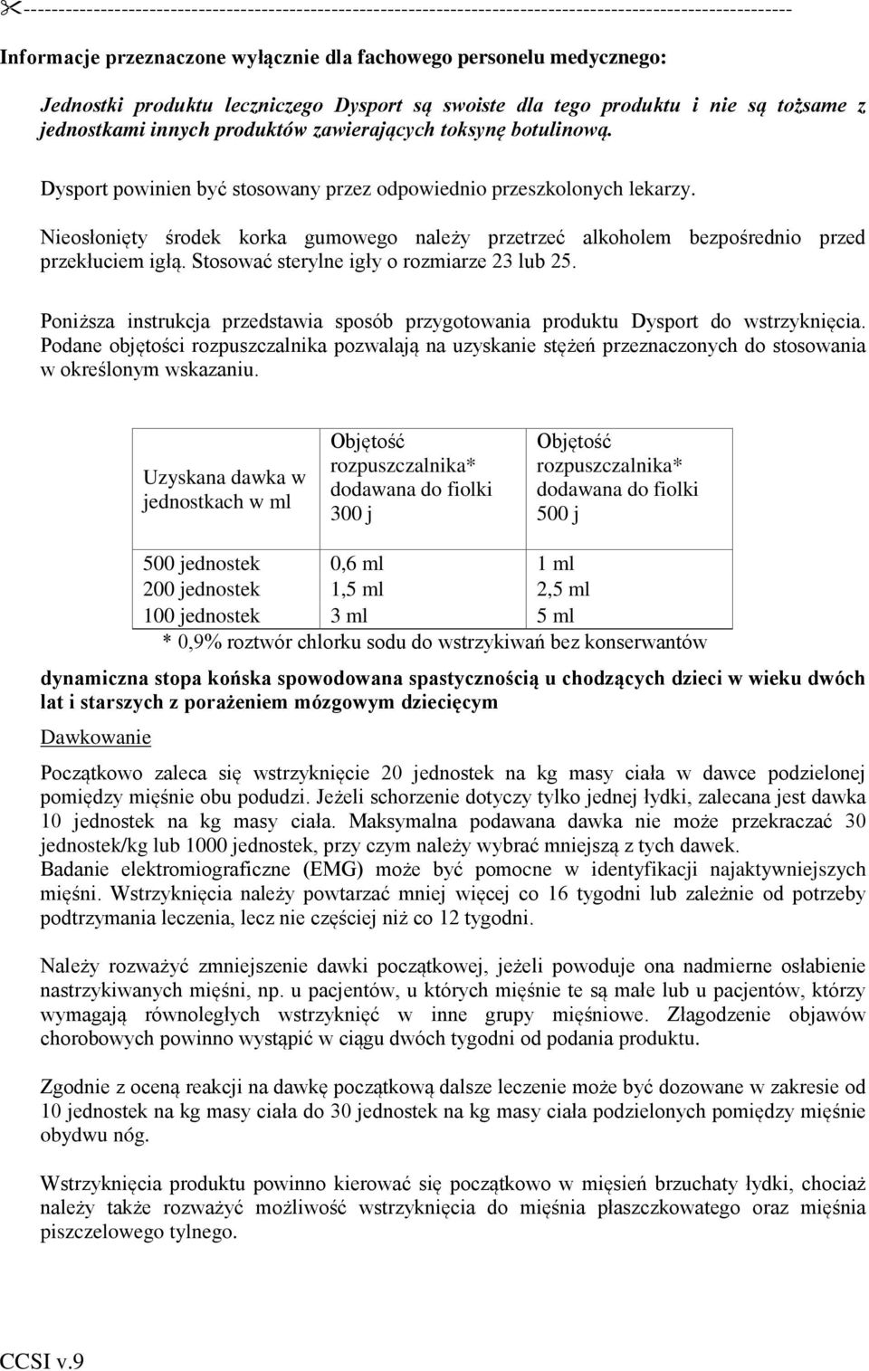 Dysport powinien być stosowany przez odpowiednio przeszkolonych lekarzy. Nieosłonięty środek korka gumowego należy przetrzeć alkoholem bezpośrednio przed przekłuciem igłą.