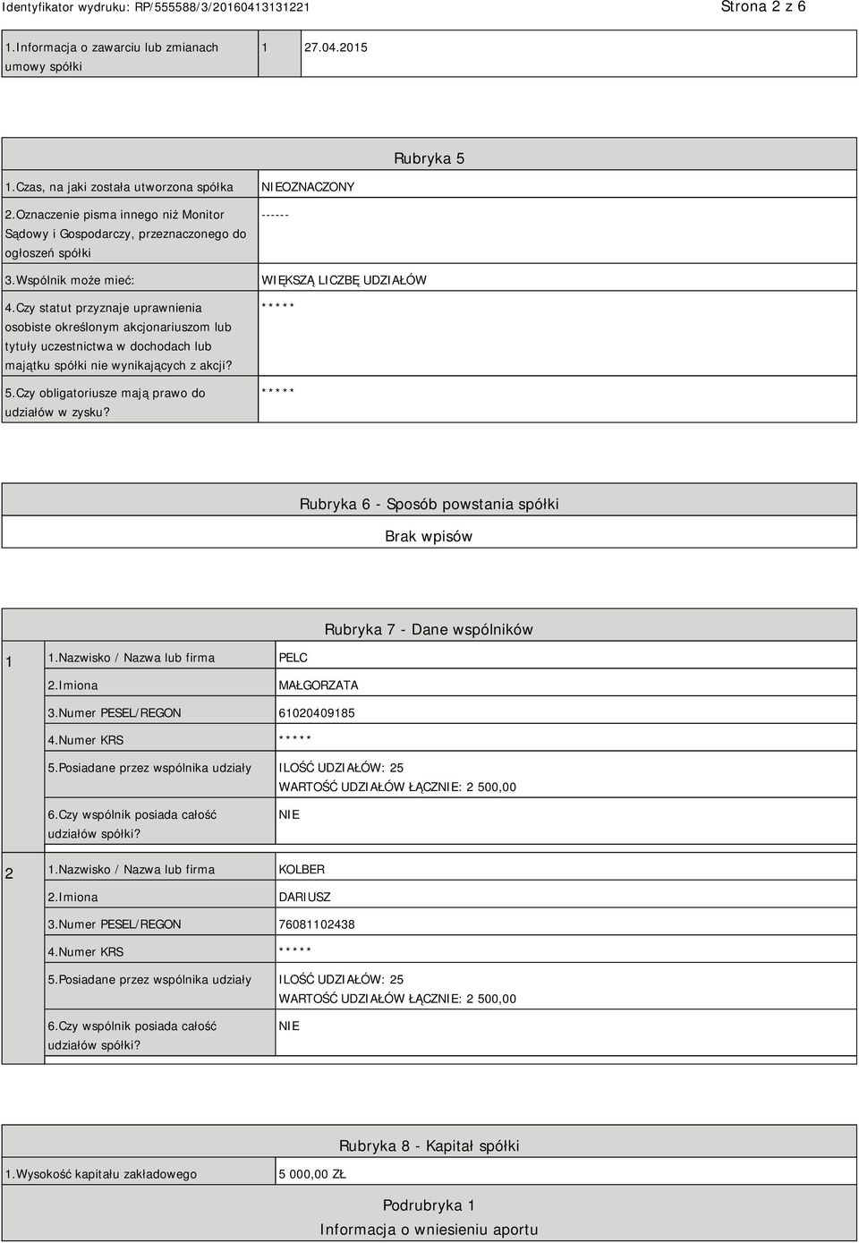 Czy statut przyznaje uprawnienia osobiste określonym akcjonariuszom lub tytuły uczestnictwa w dochodach lub majątku spółki nie wynikających z akcji? 5.