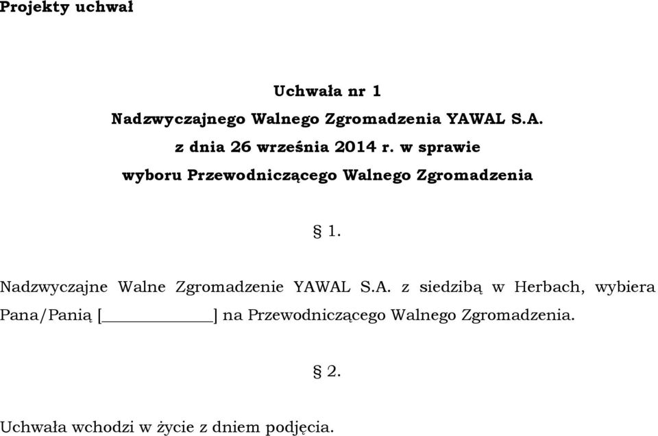 Nadzwyczajne Walne Zgromadzenie YAW