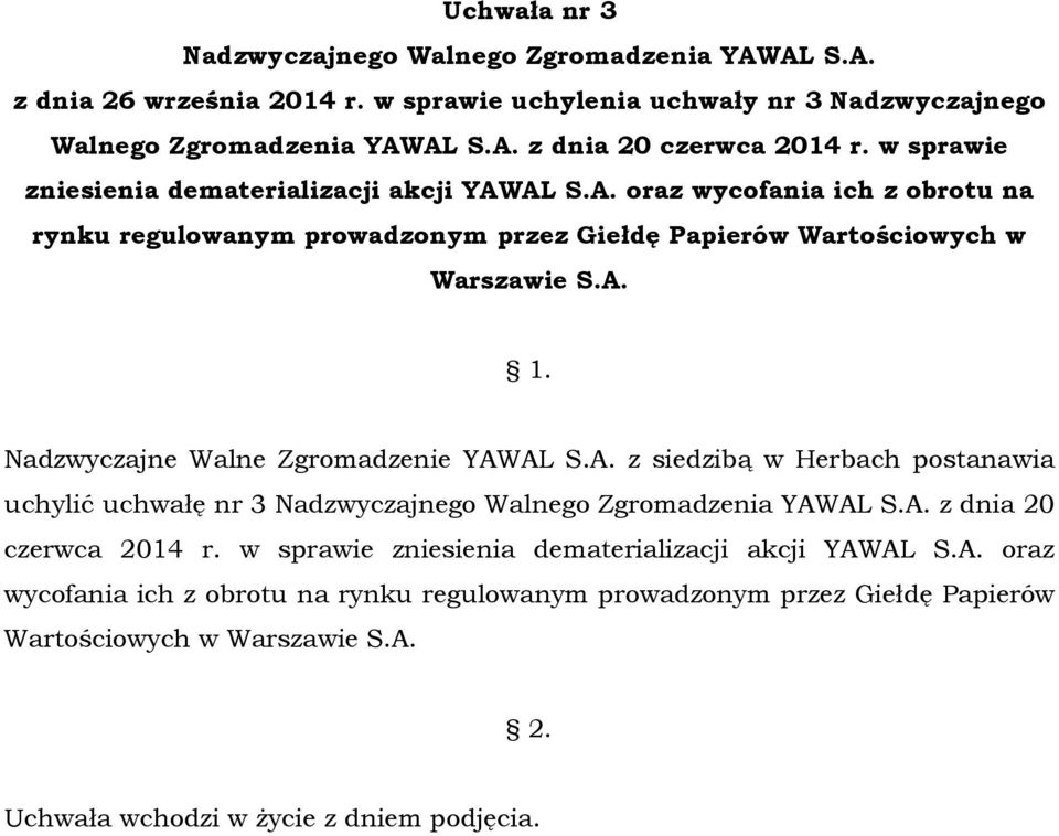 AL S.A. oraz wycofania ich z obrotu na rynku regulowanym prowadzonym przez Giełdę Papierów Wartościowych w Warszawie S.A. Nadzwyczajne Walne Zgromadzenie YAWAL S.