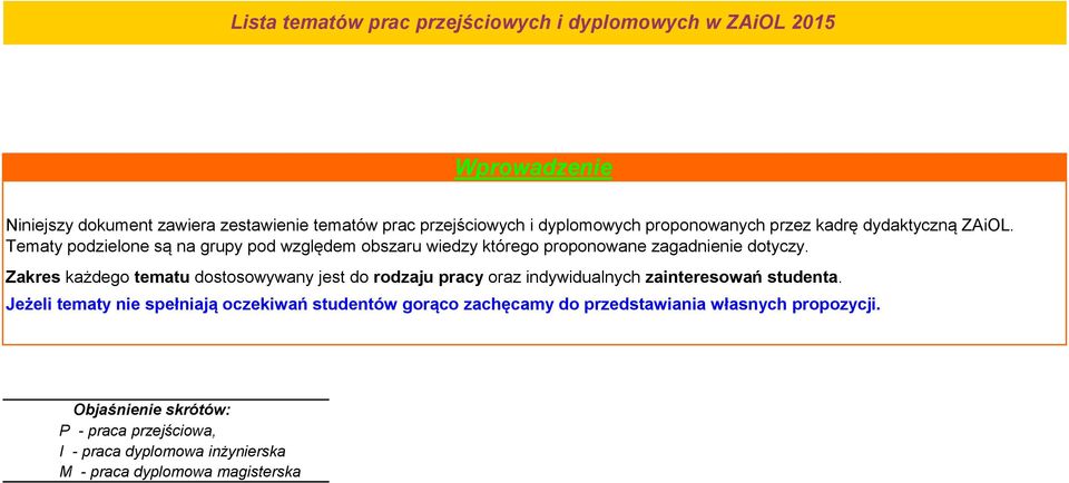 Zakres każdego tematu dostosowywany jest do rodzaju pracy oraz indywidualnych zainteresowań studenta.