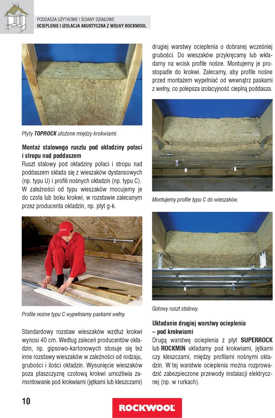 Zalecamy, aby profile nośne przed montażem wypełniać od wewnątrz paskami z wełny, co polepsza izolacyjność cieplną poddasza. Płyty TOPROCK ułożone między krokwiami.