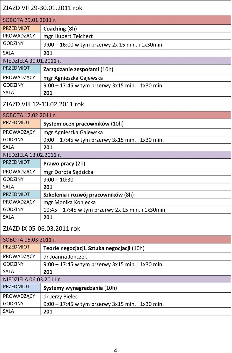 i 1x30min ZJAZD IX 05-06.03.2011 rok SOBOTA 05.03.2011 r. PRZEDMIOT Teorie negocjacji. Sztuka negocjacji (10h) PROWADZĄCY dr Joanna Jonczek NIEDZIELA 06.03.2011 r. PRZEDMIOT Systemy wynagradzania (10h) PROWADZĄCY dr Jerzy Bielec 4