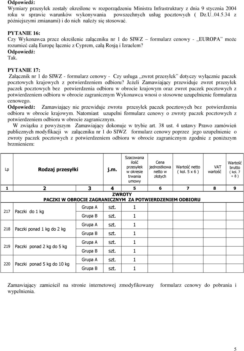 PYTANIE 16: Czy Wykonawca przez określenie załączniku nr 1 do SIWZ formularz cenowy - EUROPA może rozumieć całą Europę łącznie z Cyprem, całą Rosją i Izraelem? Tak.
