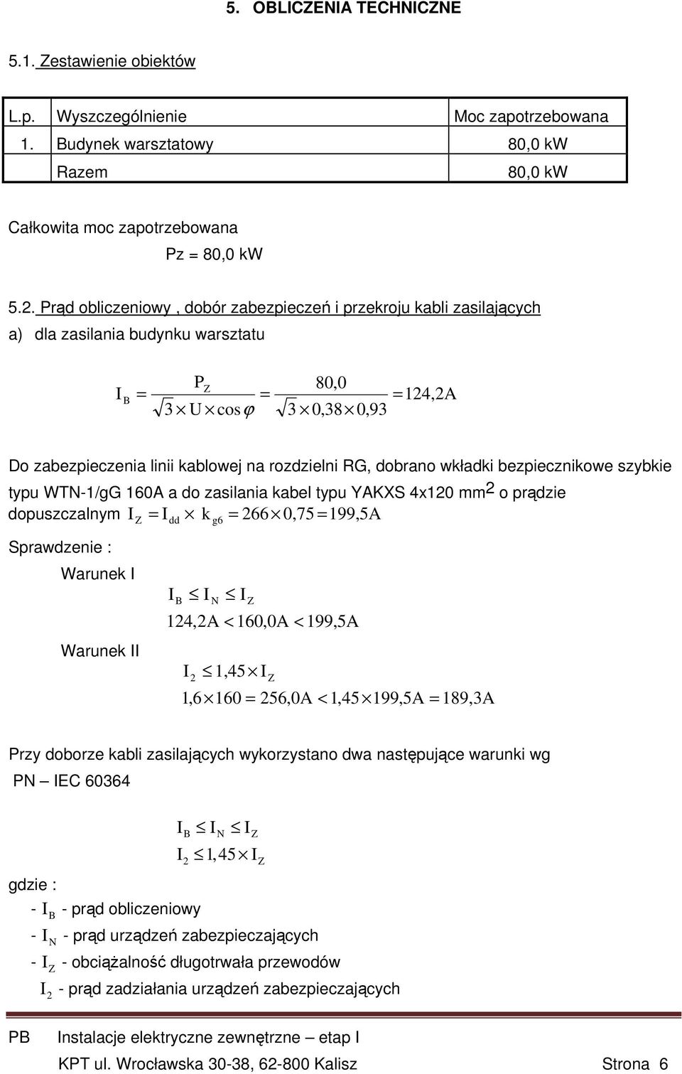 dobrano wkładki bezpiecznikowe szybkie typu WTN-1/gG 160A a do zasilania kabel typu YAKXS 4x120 mm 2 o prądzie dopuszczalnym = k = 266 0,75 199,5A Z dd g6 = Sprawdzenie : Warunek Warunek B N Z 124,2A