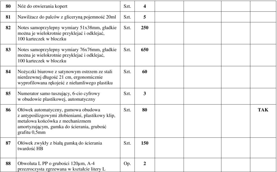 i odklejać, 100 karteczek w bloczku 84 Nożyczki biurowe z satynowym ostrzem ze stali nierdzewnej długość 21 cm, ergonomicznie wyprofilowana rękojeść z niełamliwego plastiku 85 Numerator samo