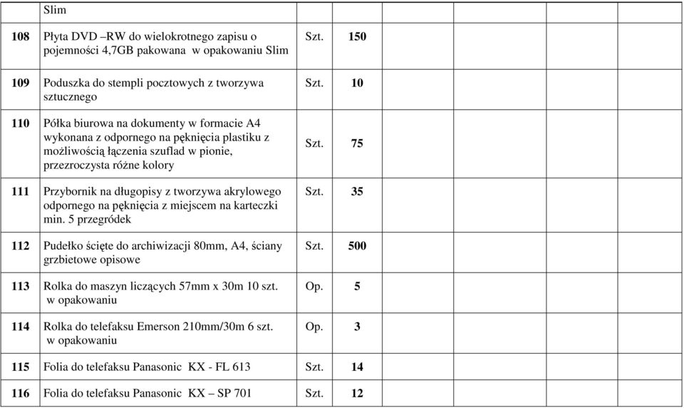miejscem na karteczki min. 5 przegródek 112 Pudełko ścięte do archiwizacji 80mm, A4, ściany grzbietowe opisowe 113 Rolka do maszyn liczących 57mm x 30m 10 szt.