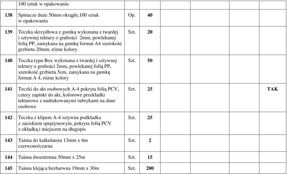 różne kolory 141 Teczki do akt osobowych A-4 pokryta folią PCV, cztery zapinki do akt, kolorowe przekładki tekturowe z nadrukowanymi rubrykami na dane osobowe 142 Teczka z klipem A-4 sztywna