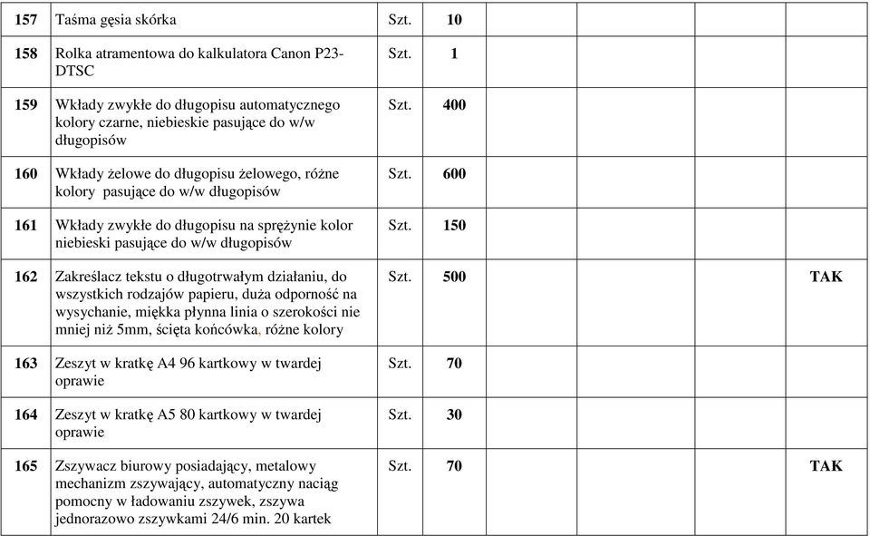 różne kolory pasujące do w/w długopisów 161 Wkłady zwykłe do długopisu na sprężynie kolor niebieski pasujące do w/w długopisów 162 Zakreślacz tekstu o długotrwałym działaniu, do wszystkich rodzajów