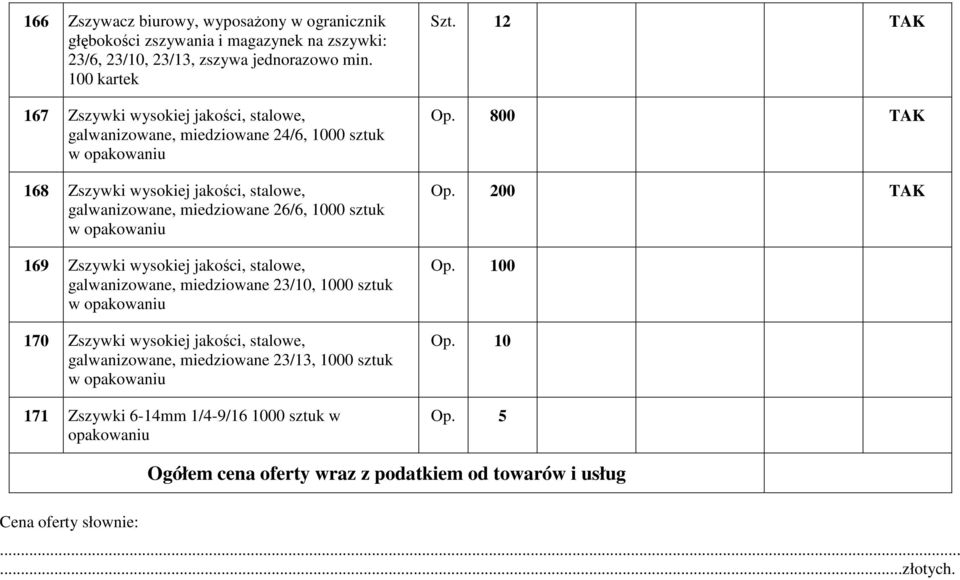 1000 sztuk w opakowaniu 169 Zszywki wysokiej jakości, stalowe, galwanizowane, miedziowane 23/10, 1000 sztuk w opakowaniu 170 Zszywki wysokiej jakości, stalowe, galwanizowane,