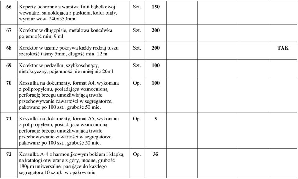 12 m 69 Korektor w pędzelku, szybkoschnący, nietoksyczny, pojemność nie mniej niż 20ml 70 Koszulka na dokumenty, format A4, wykonana z polipropylenu, posiadająca wzmocnioną perforację brzegu