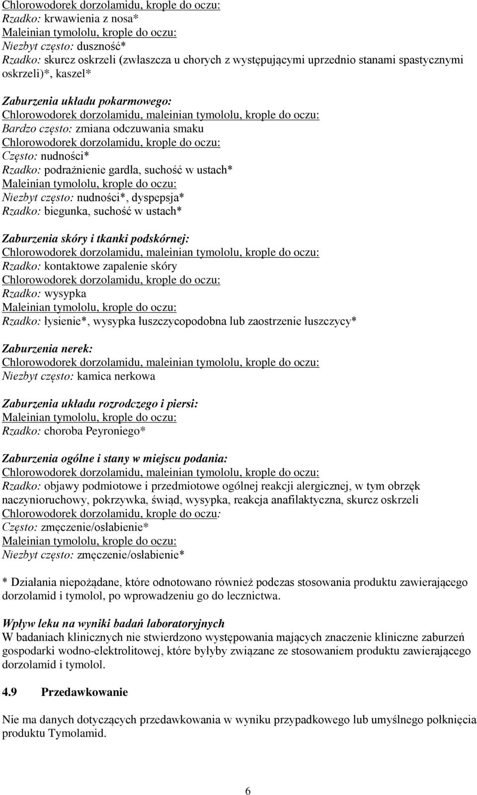 nudności* Rzadko: podrażnienie gardła, suchość w ustach* Niezbyt często: nudności*, dyspepsja* Rzadko: biegunka, suchość w ustach* Zaburzenia skóry i tkanki podskórnej: Chlorowodorek dorzolamidu,