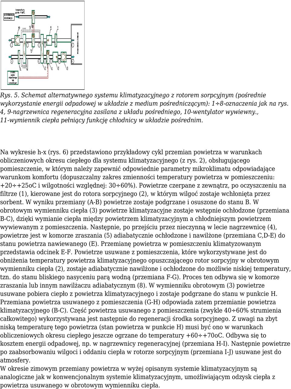 6) przedstawiono przykładowy cykl przemian powietrza w warunkach obliczeniowych okresu ciepłego dla systemu klimatyzacyjnego (z rys.