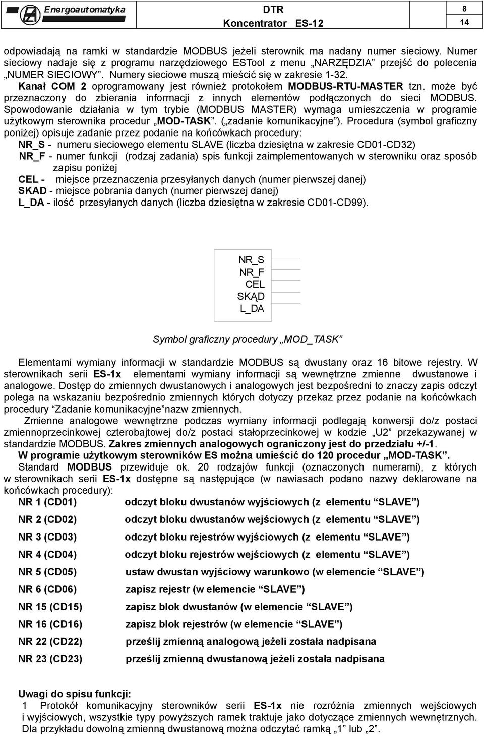 może być przeznaczony do zbierania informacji z innych elementów podłączonych do sieci MODBUS.