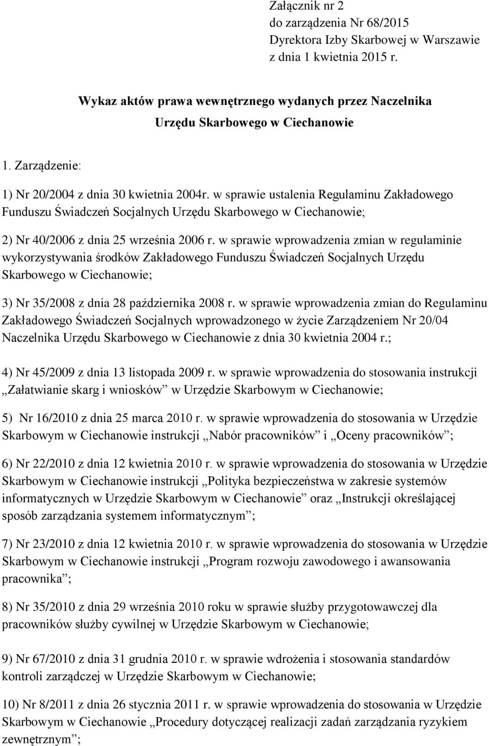 w sprawie wprowadzenia zmian w regulaminie wykorzystywania środków Zakładowego Funduszu Świadczeń Socjalnych Urzędu Skarbowego w Ciechanowie; 3) Nr 35/2008 z dnia 28 października 2008 r.