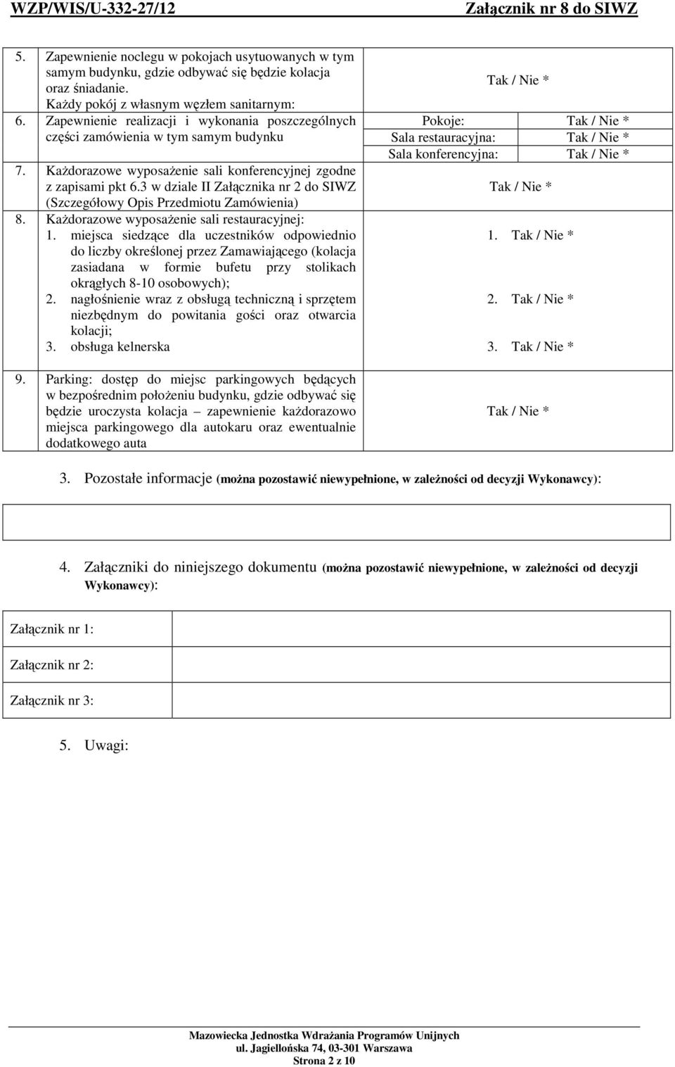 3 w dziale II Załącznika nr 2 do SIWZ (Szczegółowy Opis Przedmiotu Zamówienia) 8. Każdorazowe wyposażenie sali restauracyjnej: 1.