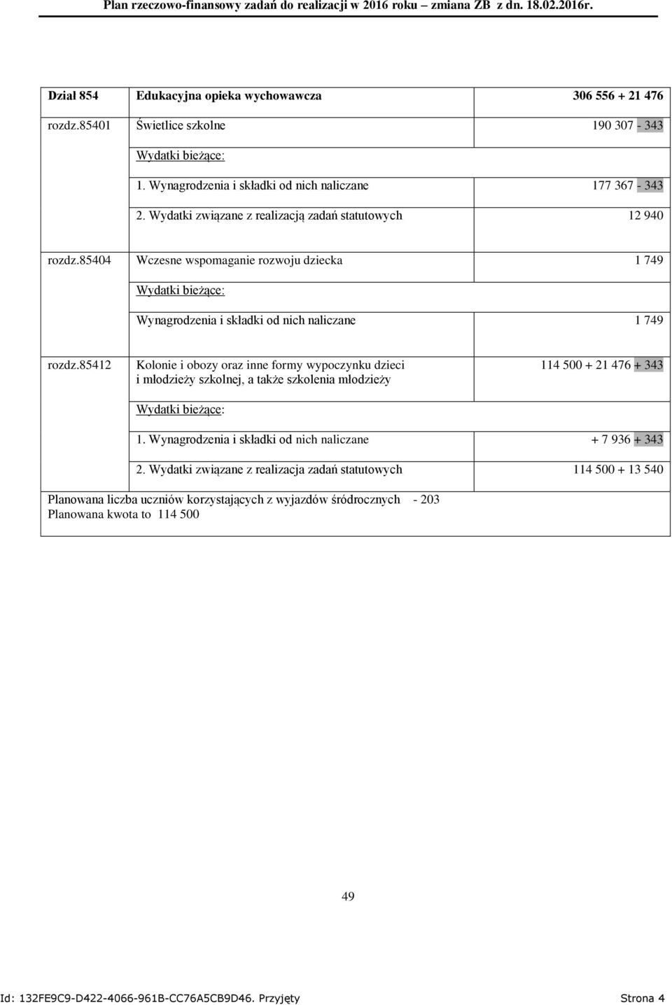 85404 Wczesne wspomaganie rozwoju dziecka 1 749 Wynagrodzenia i składki od nich naliczane 1 749 114 500 + 21 476 + 343 1.