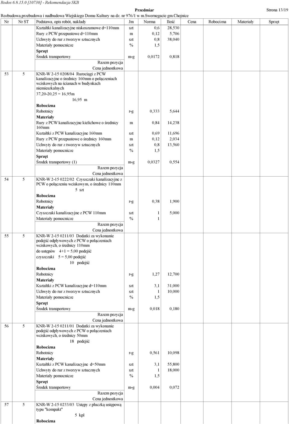 ścianach w budynkach niemieszkalnych 37,20-20,25 = 16,95m 16,95 m Robotnicy r-g 0,333 5,644 Rury z PCW kanalizacyjne kielichowe o średnicy m 0,84 14,238 160mm Kształtki z PCW kanalizacyjne 160mm szt