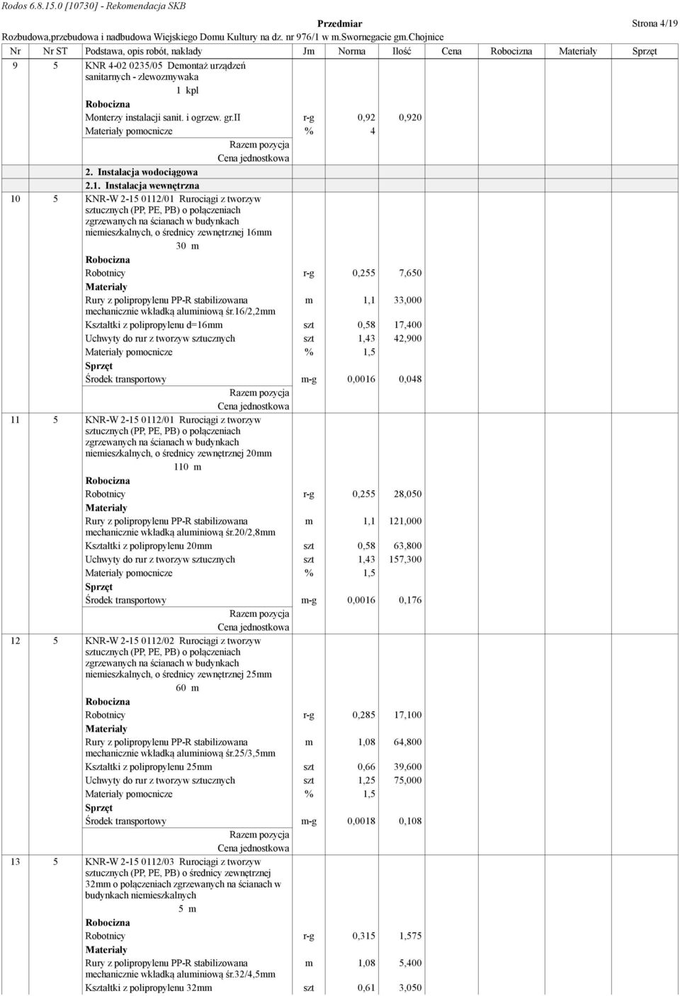 Instalacja wewnętrzna 10 5 KNR-W 2-15 0112/01 Rurociągi z tworzyw sztucznych (PP, PE, PB) o połączeniach zgrzewanych na ścianach w budynkach niemieszkalnych, o średnicy zewnętrznej 16mm 30 m