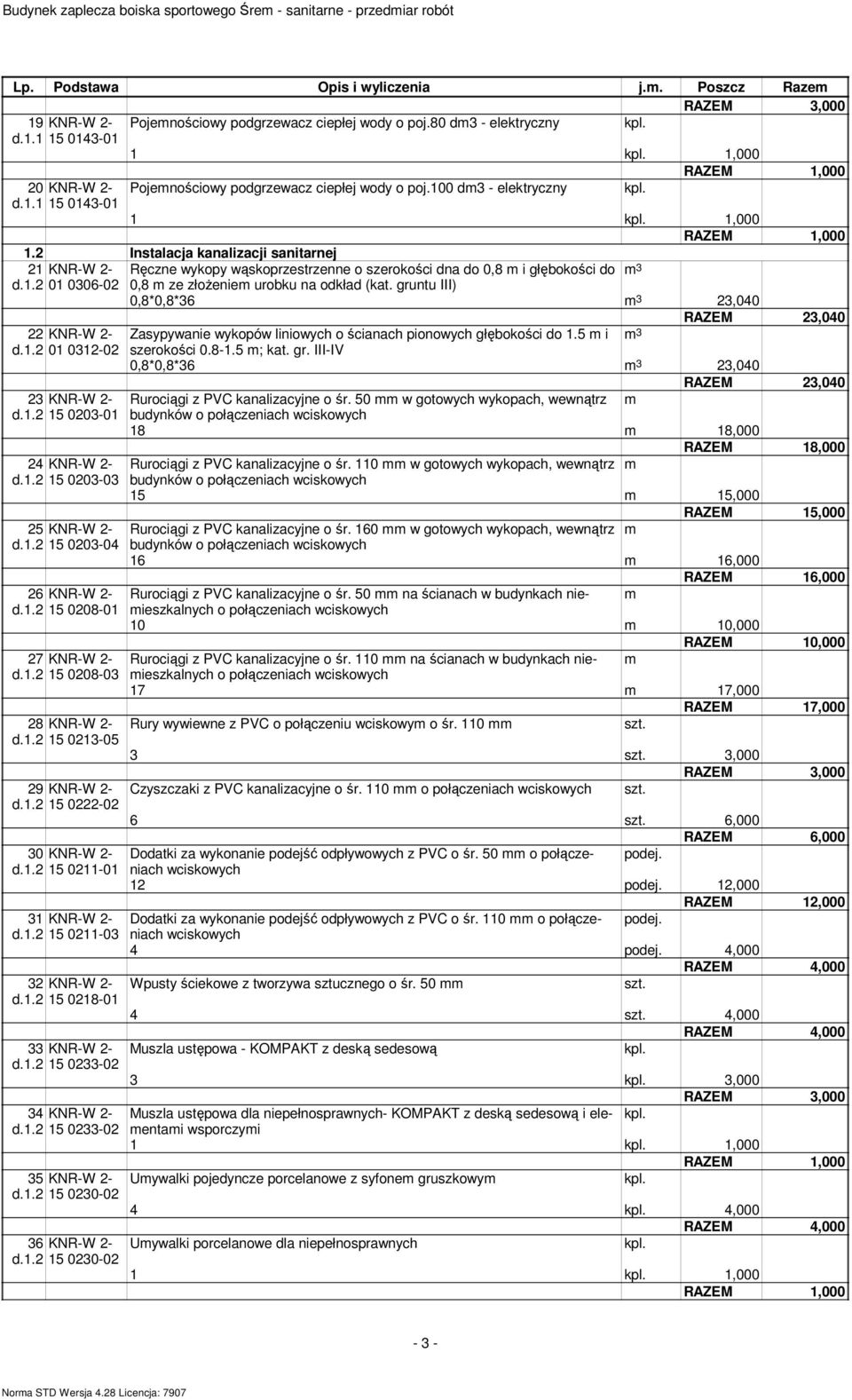 gruntu III) 0,8*0,8*36 3 23,040 RAZEM 23,040 22 KNR-W 2- Zasypywanie wykopów liniowych o ścianach pionowych głębokości do 1.5 i 3 d.1.2 01 0312-02 szerokości 0.8-1.5 ; kat. gr.