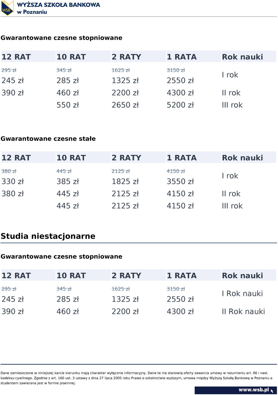 zł 385 zł 1825 zł 3550 zł 380 zł 445 zł 2125 zł 4150 zł II rok 445 zł 2125 zł 4150 zł III rok Rok nauki I rok Studia niestacjonarne Gwarantowane czesne