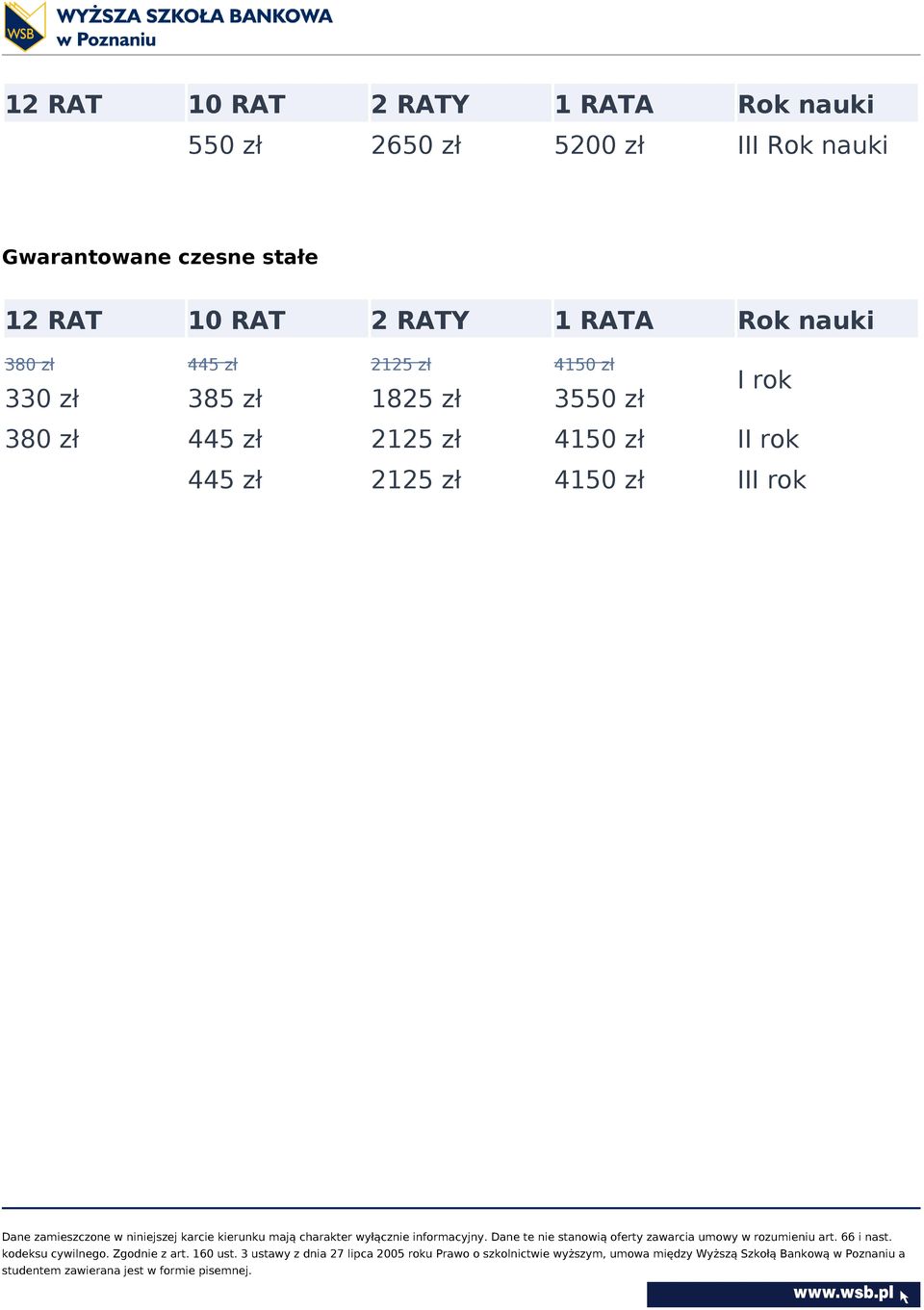 1 RATA 380 zł 445 zł 2125 zł 4150 zł 330 zł 385 zł 1825 zł 3550 zł